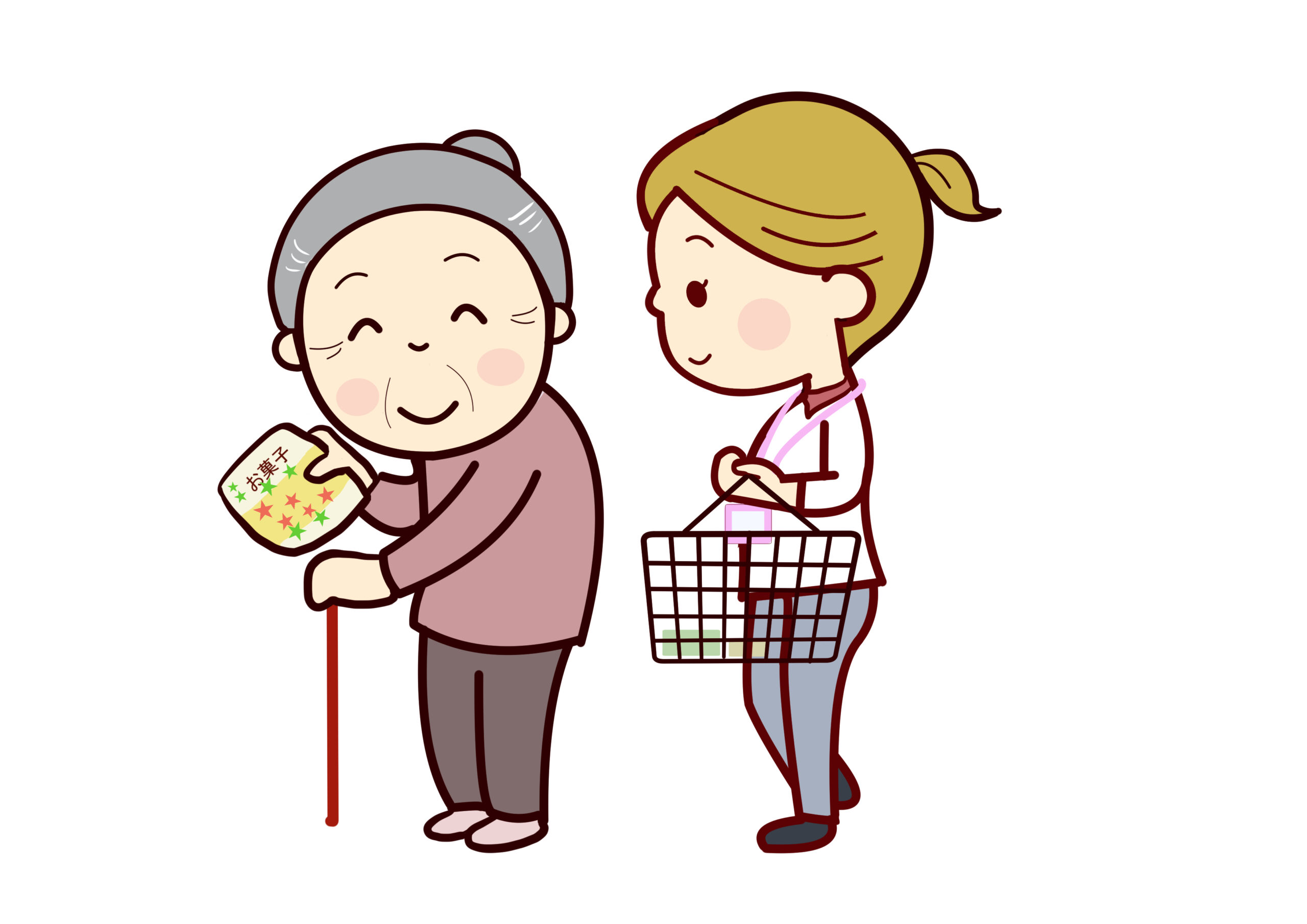 高齢者の買い物を手伝う女性スタッフ